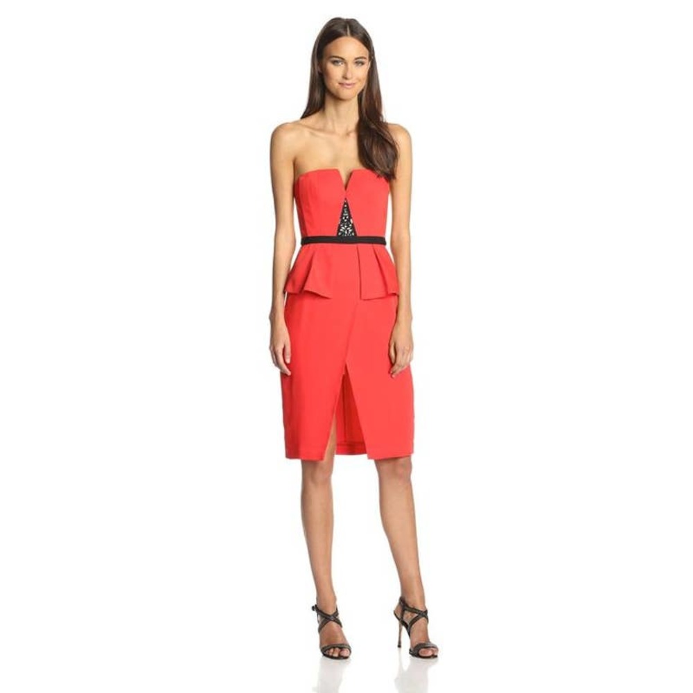 BCBGMAXAZRIA Red Caylan Strapless Peplum Dress